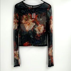 Windsor Black Floral Mesh Long Sleeve Top Size XL